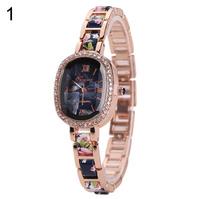 Norate Women's Geneva Ellipse Dial Flower Printed Band Rhinestone Bracelet Wrist Watch 1