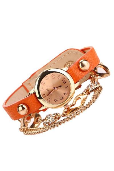 Norate Women's Rhinestone Heart Bangle Chain Bracelet Watch Orange