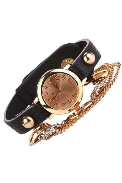 Norate Women's Rhinestone Heart Bangle Chain Bracelet Watch Black