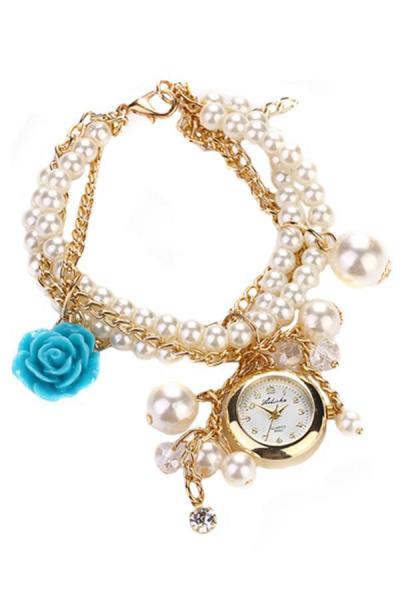 Norate Womens Rose Flower Faux Pearl Analog Quartz Watch Blue