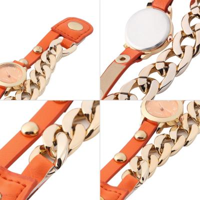 OBN Bling Studded Lady Gold Plated Leather Acrylic Chain Bracelet Wrap Watch-White