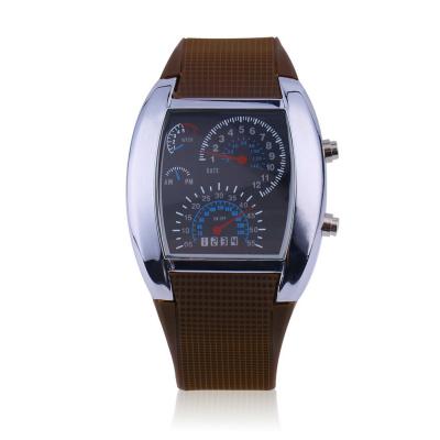 OBN Mens Sports RPM Turbo Blue Flash LED Sports Car Meter Dial Watch Wristwatch-Brown