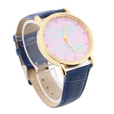 OBN Round Dial Pink Ripple Pattern Women Lady PU Leather Band Quartz Wrist Watch-Blue
