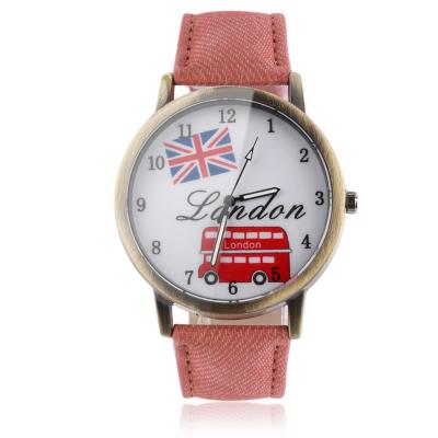 OBNGolden circular shell British flag quartz watch denim-Pink