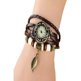 Okdeals Women's Leaf Decoration Leather Quartz Wrist Watch Coffee (Intl)  