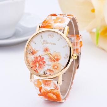 Okdeals Womens Flower Leather Analog Quartz Vogue Wrist Watch Orange  