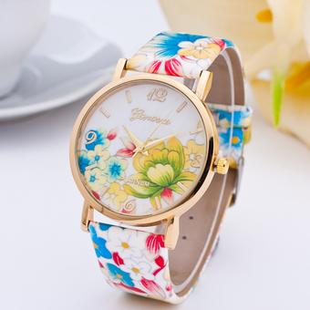Okdeals Womens Flower Leather Analog Quartz Vogue Wrist Watch Colorful  