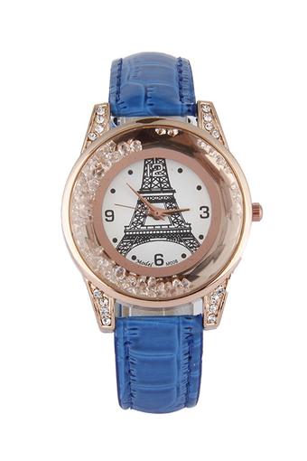 Olen Eiffel Tower Printed Leather Quartz with Crystal Female Watch (Blue)  