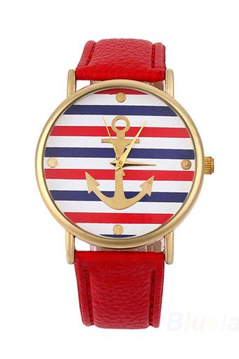 Ormano Fashion - Jam Tangan Unisex - Merah - Faux Leather - Gold Anchor Watch  