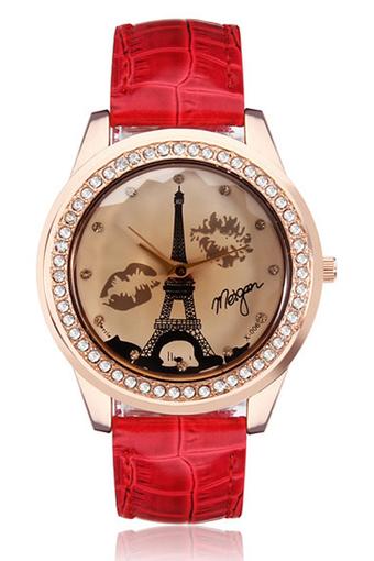 Ormano Fashion - Jam Tangan Wanita - Merah - Faux Leather - Morgan Eiffel Watch  