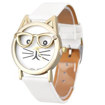 Ormano - Jam Tangan Unisex - Putih - Strap Leather - Spectacle Cat Casual Watch  