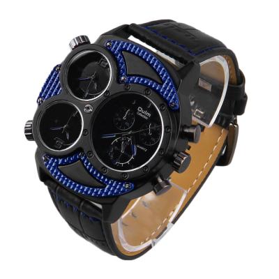Oulm 3594 Luxury Big Dial 3 Time Zone Quartz Sport Leather Band Wrist Watch - Blue
