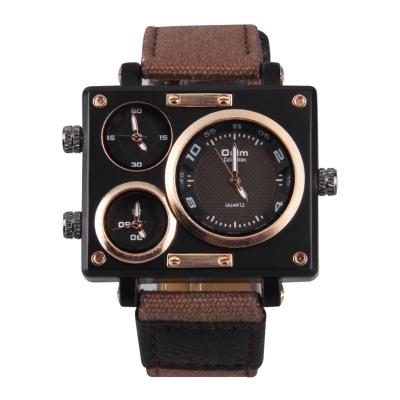Oulm 3595 Big Square Dial 3 Time Zone Movement Quartz Leather Wrist Watch - Black