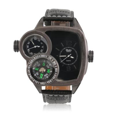 Oulm Men Quartz Wrist Watch Compass Function PU Leather Band Outdoor Gift - Black