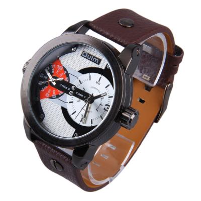 Oulm Men's 2 Dials Time PU Leather Band Military Analog Quartz Watches - Red