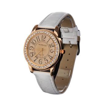 Popular Ladies Watch PU Leather Band Alloy Round Face with Crystals White  