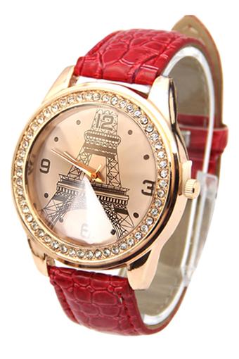 Rhinestone Eiffel Tower Watch - Jam Tangan Wanita - Merah - Strap Leather  