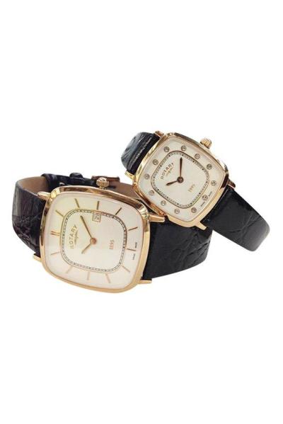 Rotary- GS08103-06-Jam Tangan Couple - Strap Leather- Black-Gold