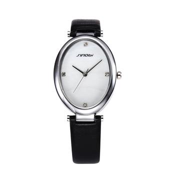SINOBI Fashion Womens Oval Quartz Watches Black Leather Silver Case Female Wristwatches 8133L01- Intl  
