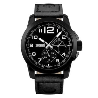 SKMEI Casual Men Leather Strap Watch Water Resistant 30m - Hitam  