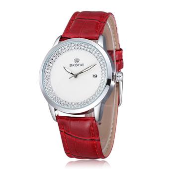 SKONE New Design Brand Fashion Quartz Leatehr Strap Watch For Women Ladies Casual Watch With Rhinestone Wristwatch- red  