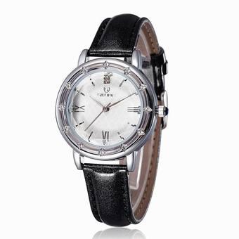 SKONE Vintage Rome Style Rhinestone Rose Gold Watch Women Luxury Brand Leather Straps Quartz Watches Lady Fashion Casual Hours(Black) (Intl)  