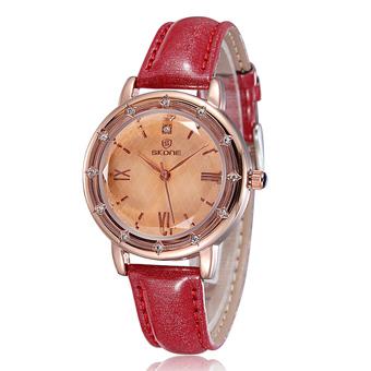 SKONE Vintage Rome Style Rhinestone Rose Gold Watch Women Luxury Brand Leather Straps Quartz Watches Lady Fashion Casual Hours-red  