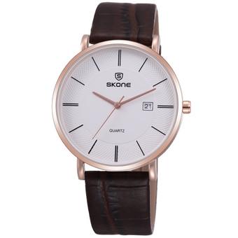 SKOne Casual Men Leather Strap Watch Water Resistant - 9307 - Coklat Gold  