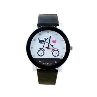 Sanwood Girl's Bicycle Pattern Black Leather Strap Wrist Watch  