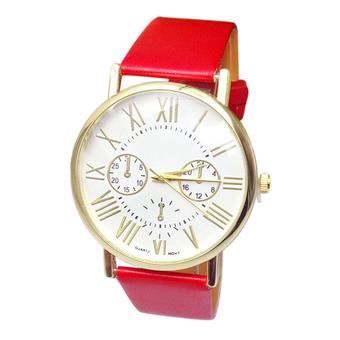 Sanwood Men's Women's Roman Numerals Dial Quartz Wrist Watch Red Faux Leather Band  