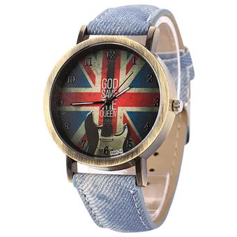 Sanwood Retro Men's Women's Bronze Denim UK Flag Guitar Analog Quartz Wrist Watch Light Blue  