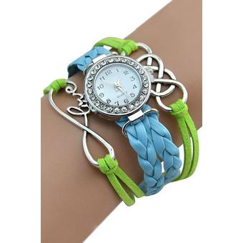 Sanwood Retro Women's Double Infinity Crystal Dial Leather Bracelet Wrist Watch Light Green+Light Blue  
