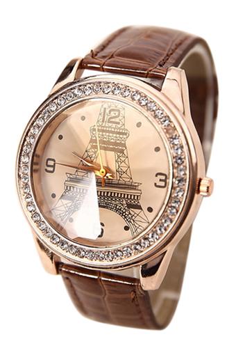 Sanwood Rhinestone Eiffel Tower Women's Brown Faux Leather Strap Watch  