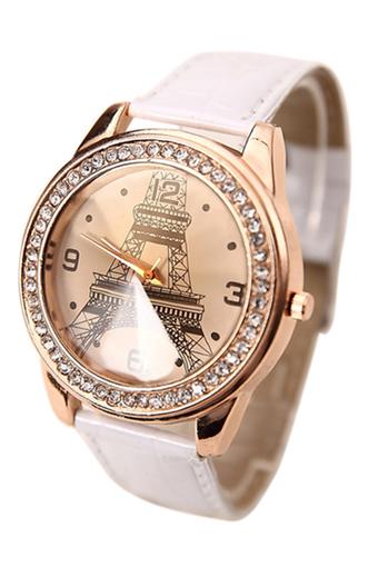 Sanwood Rhinestone Eiffel Tower Women's White Faux Leather Watch  