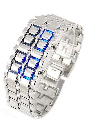Sanwood Unisex Blue LED Silver Band Lava Iron Metal LED Faceless Watch  
