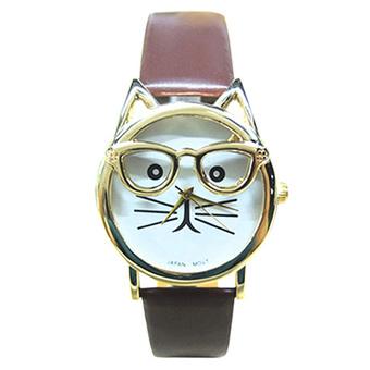 Sanwood Unisex Cute Glasses Cat Faux Leather Analog Quartz Wrist Watch Brown  
