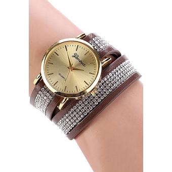 Sanwood Unisex Faux Leather Rhinestone Wrap Quartz Wrist Watch Coffee  