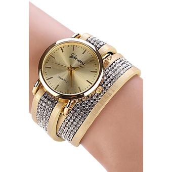 Sanwood Unisex Faux Leather Rhinestone Wrap Quartz Wrist Watch Gold  