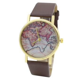 Sanwood Unisex World Map Faux Leather Strap Quartz Analog Wrist Watch Brown  