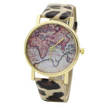 Sanwood Unisex World Map Faux Leather Strap Quartz Analog Wrist Watch Leopard  