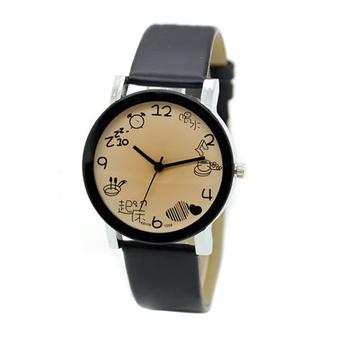 Sanwood Women Black Faux Leather Band Round Dial Quartz Wrist Watch  