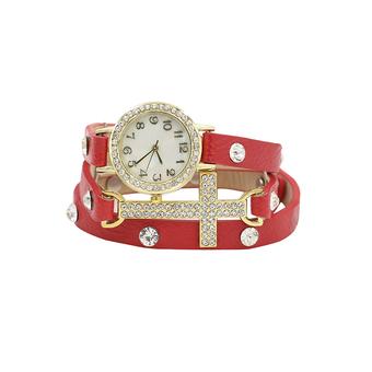 Sanwood Women's Cross Rhinestone Faux Leather Bracelet Quartz Watch Red (Intl)  