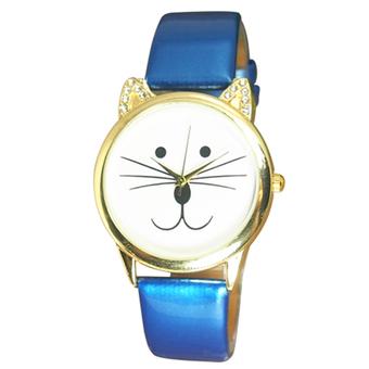 Sanwood Women's Crystal Cat Face Beard Faux Leather Analog Quartz Wrist Watch Blue  