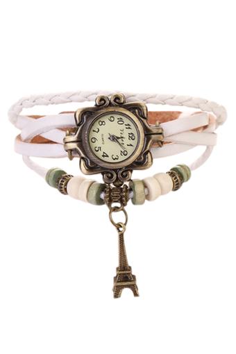 Sanwood Women's Eiffel Tower Faux Leather Bracelet Wrist Watch White  