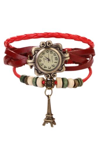 Sanwood Women's Eiffel Tower Faux Leather Bracelet Wrist Watch Red  