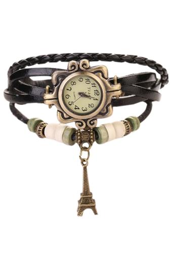 Sanwood Women's Eiffel Tower Faux Leather Bracelet Wrist Watch Black  