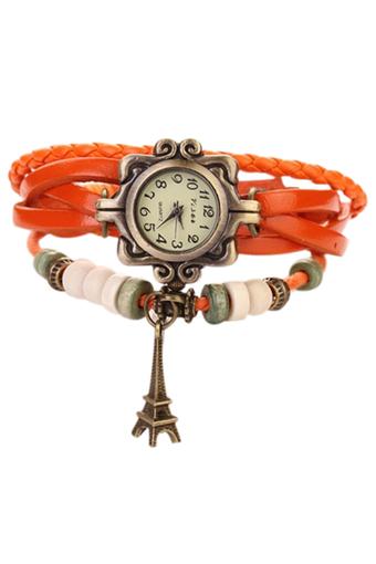 Sanwood Women's Eiffel Tower Faux Leather Bracelet Wrist Watch Orange  