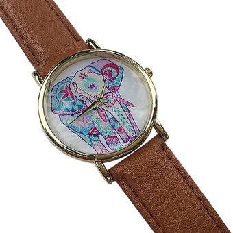 Sanwood Women's Elephant Pattern Dial Coffee Faux Leather Band Wrist Watch  