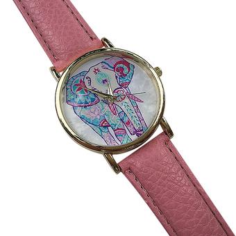 Sanwood Women's Elephant Pattern Dial Pink Faux Leather Band Wrist Watch  