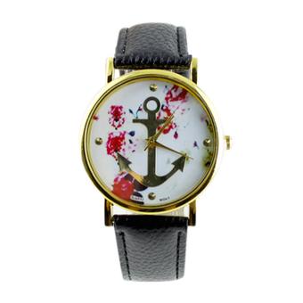 Sanwood Women's Floral Printed Anchor Faux Leather Quartz Wrist Watch Black (Intl)  